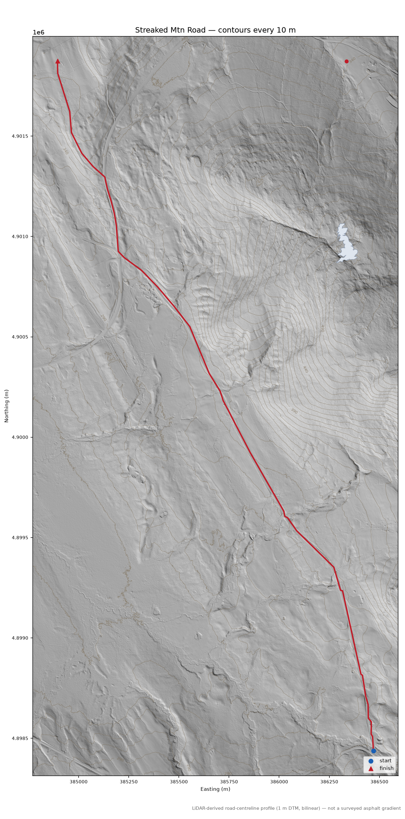 Streaked Mtn Road LiDAR hillshade map with contours