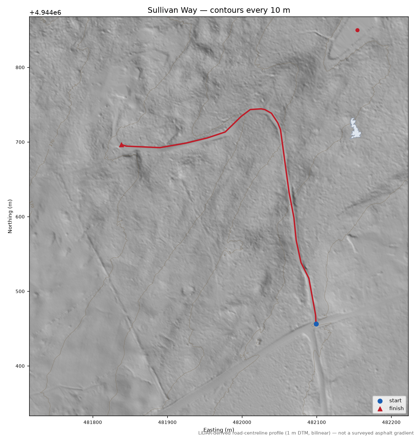 Sullivan Way LiDAR hillshade map with contours