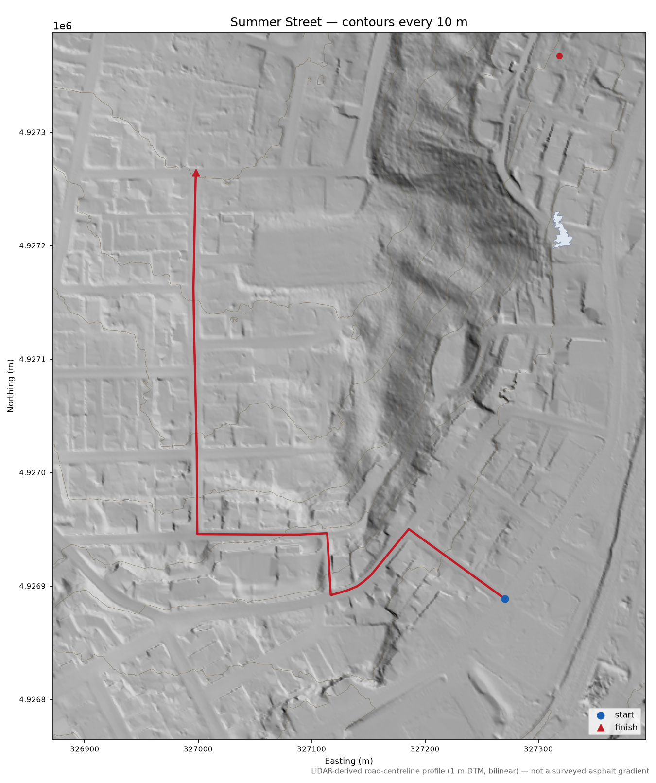 Summer Street LiDAR hillshade map with contours