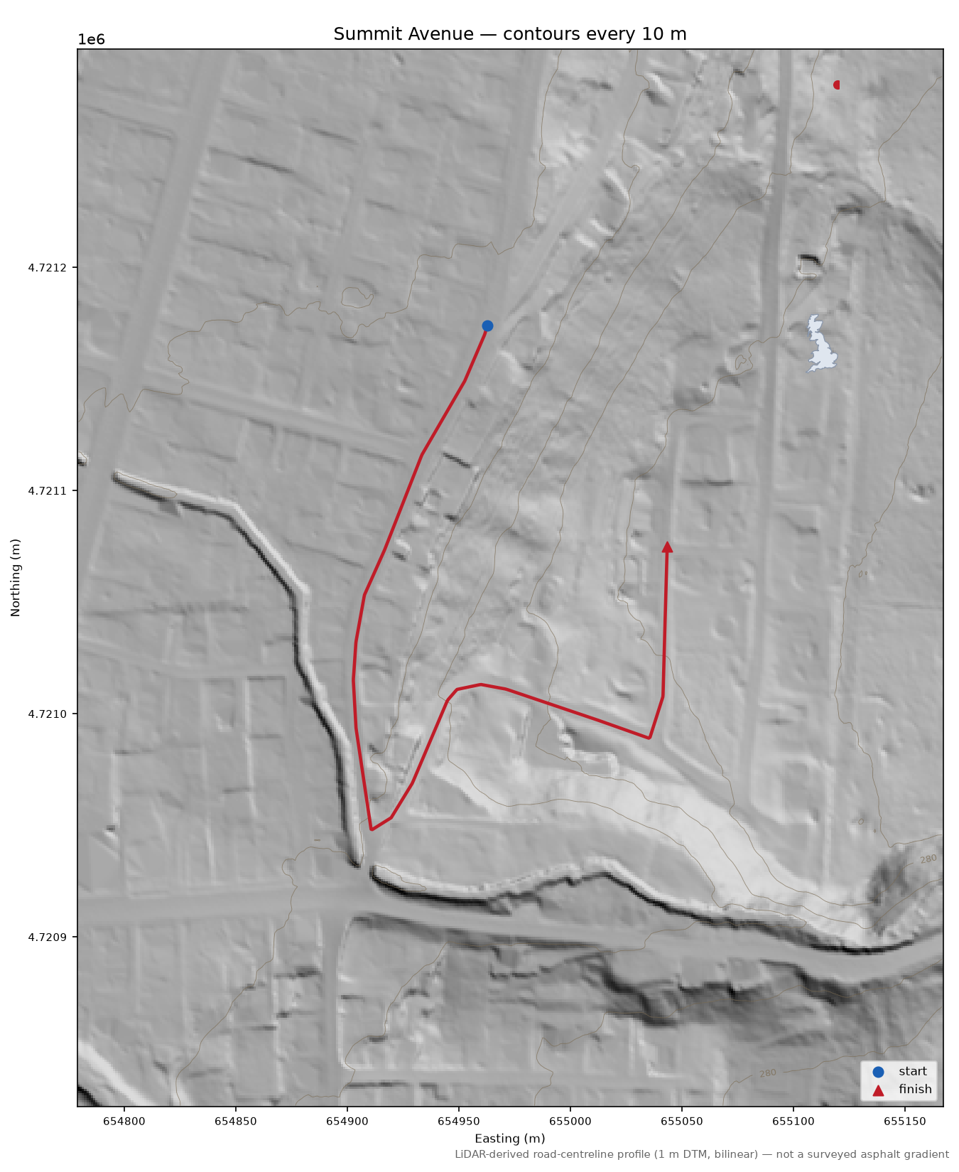 Summit Avenue LiDAR hillshade map with contours