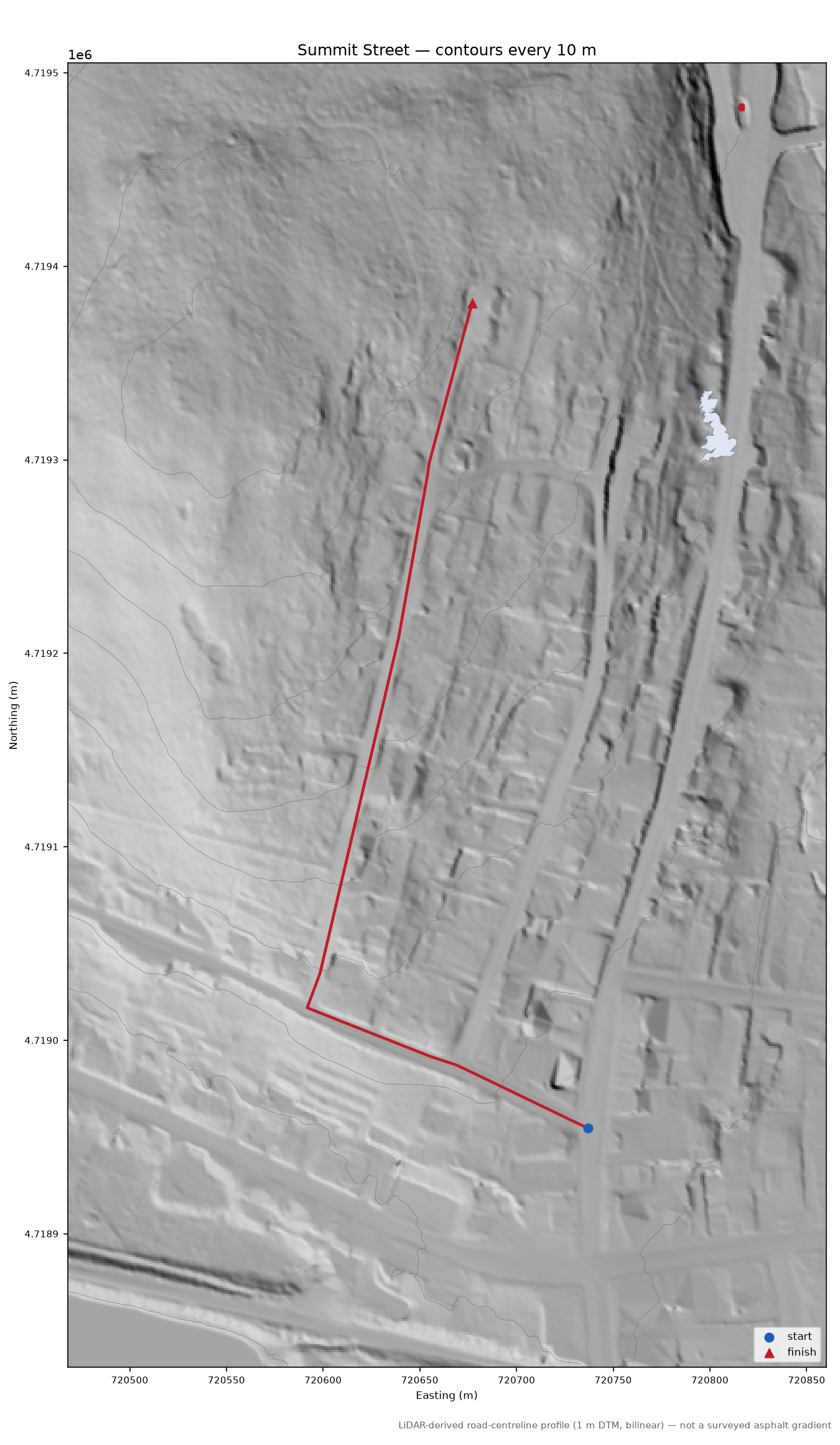 Summit Street LiDAR hillshade map with contours