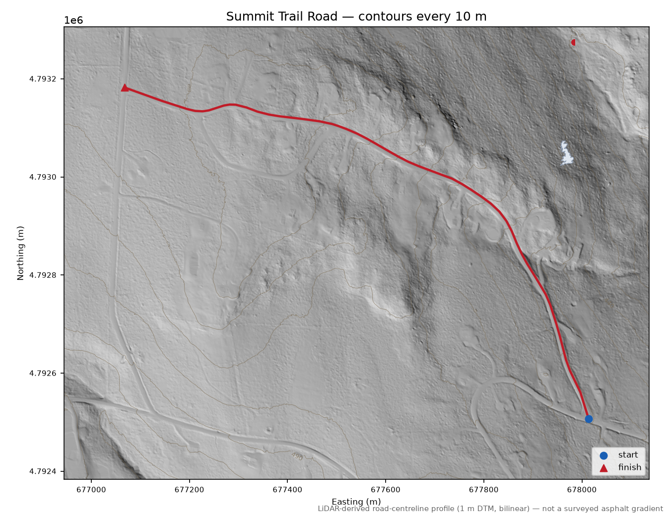 Summit Trail Road LiDAR hillshade map with contours