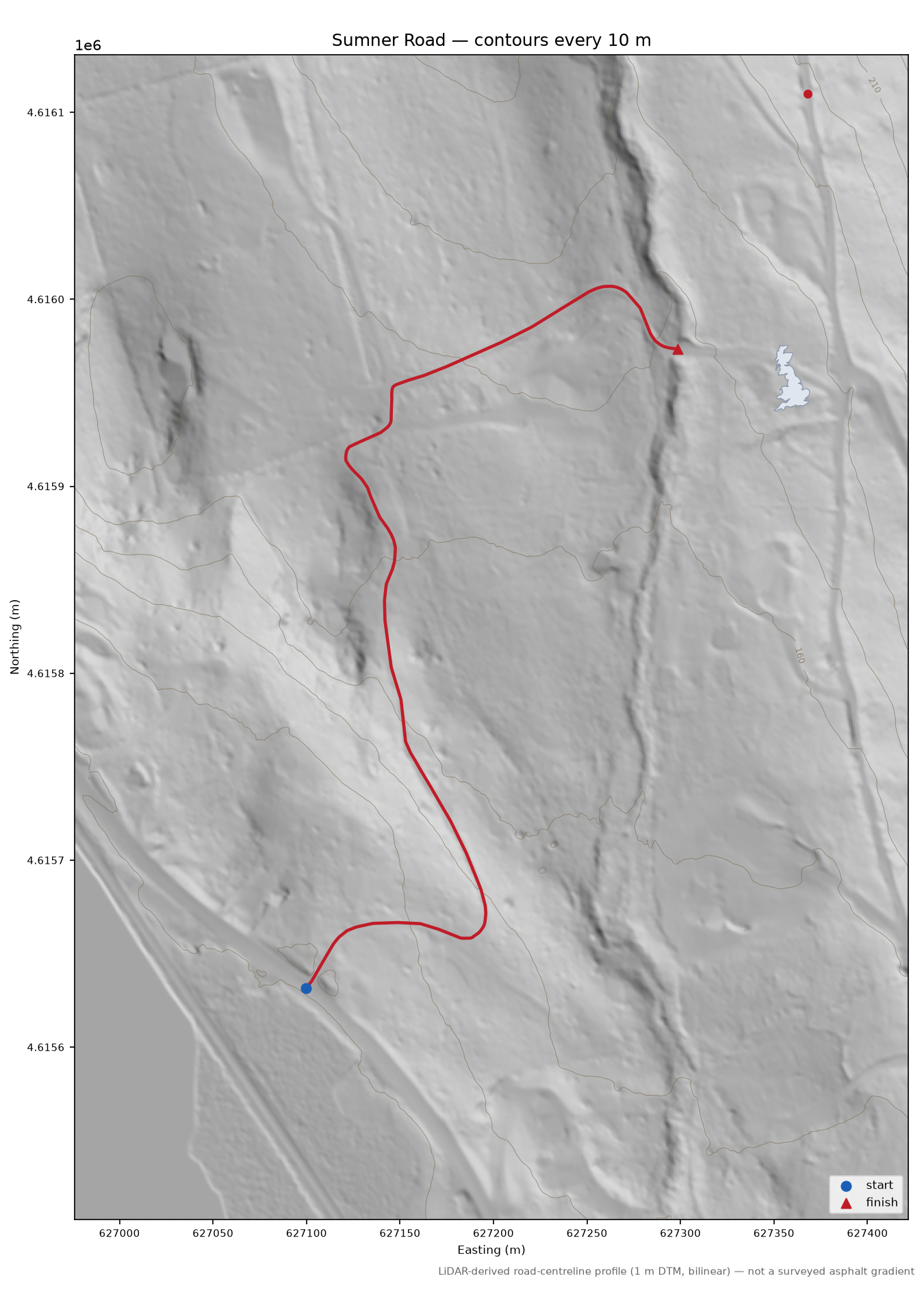 Sumner Road LiDAR hillshade map with contours