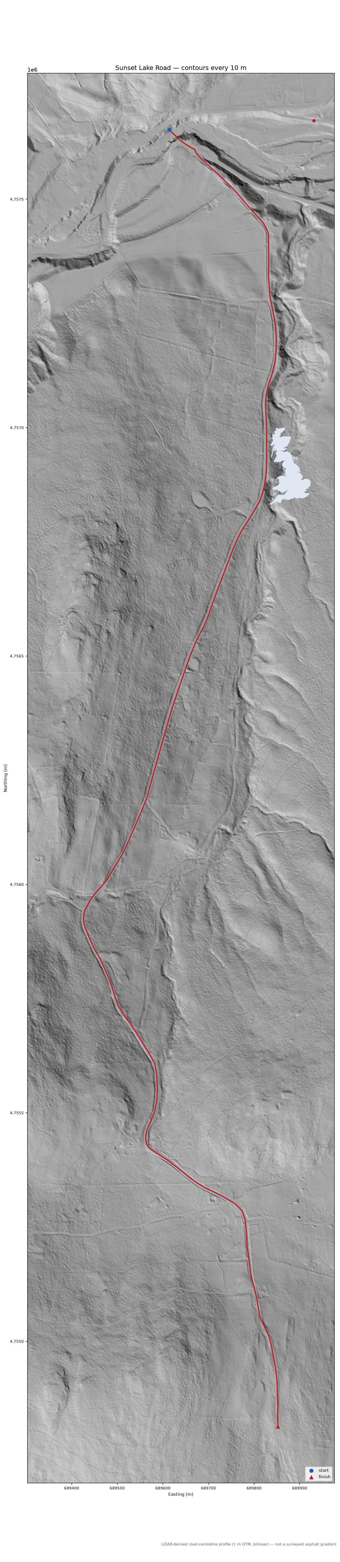 Sunset Lake Road LiDAR hillshade map with contours