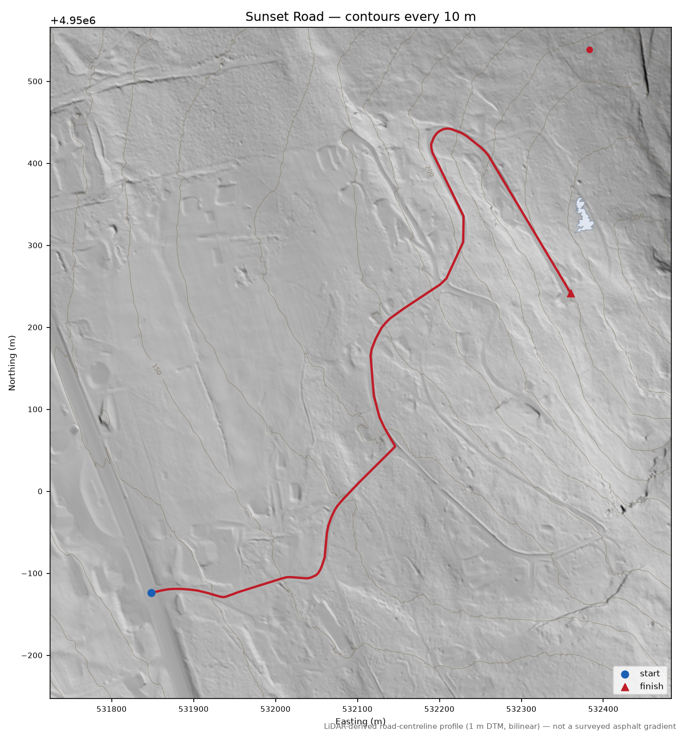 Sunset Road LiDAR hillshade map with contours