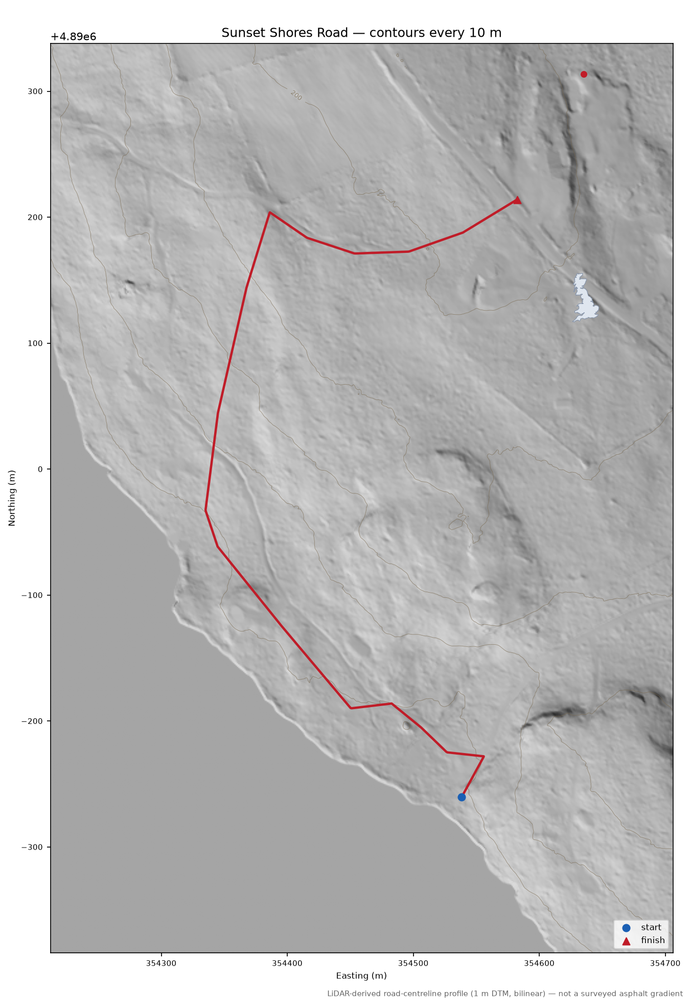 Sunset Shores Road LiDAR hillshade map with contours