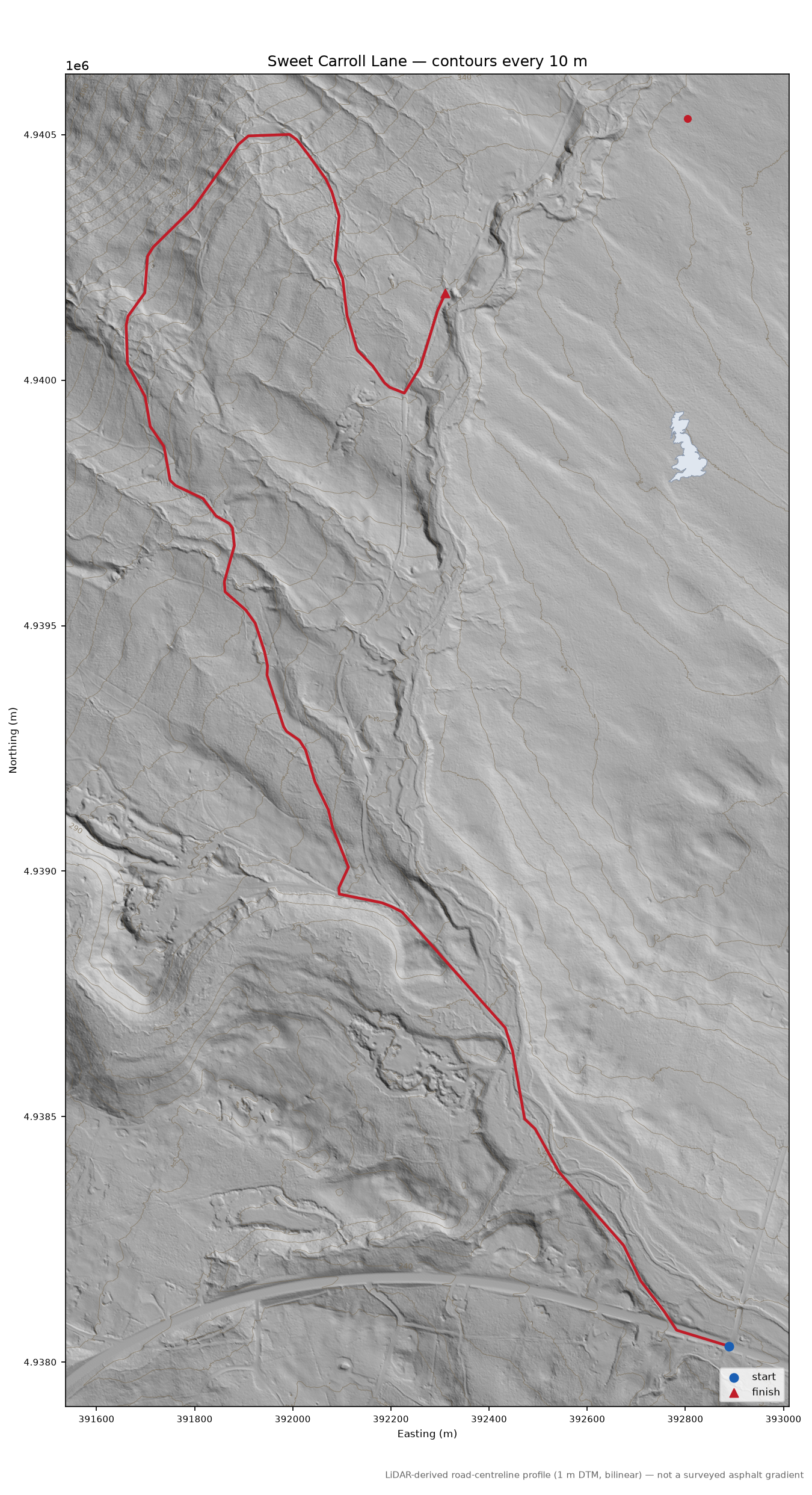 Sweet Carroll Lane LiDAR hillshade map with contours