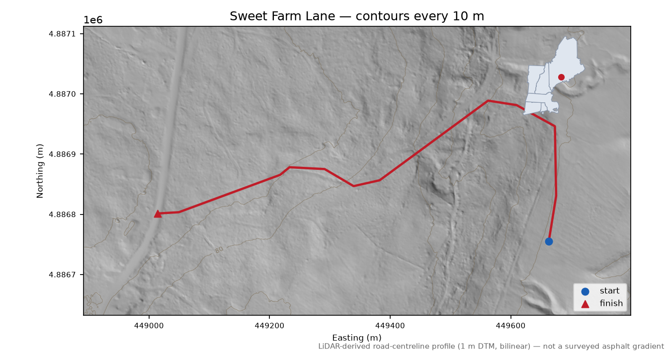 Sweet Farm Lane LiDAR hillshade map with contours
