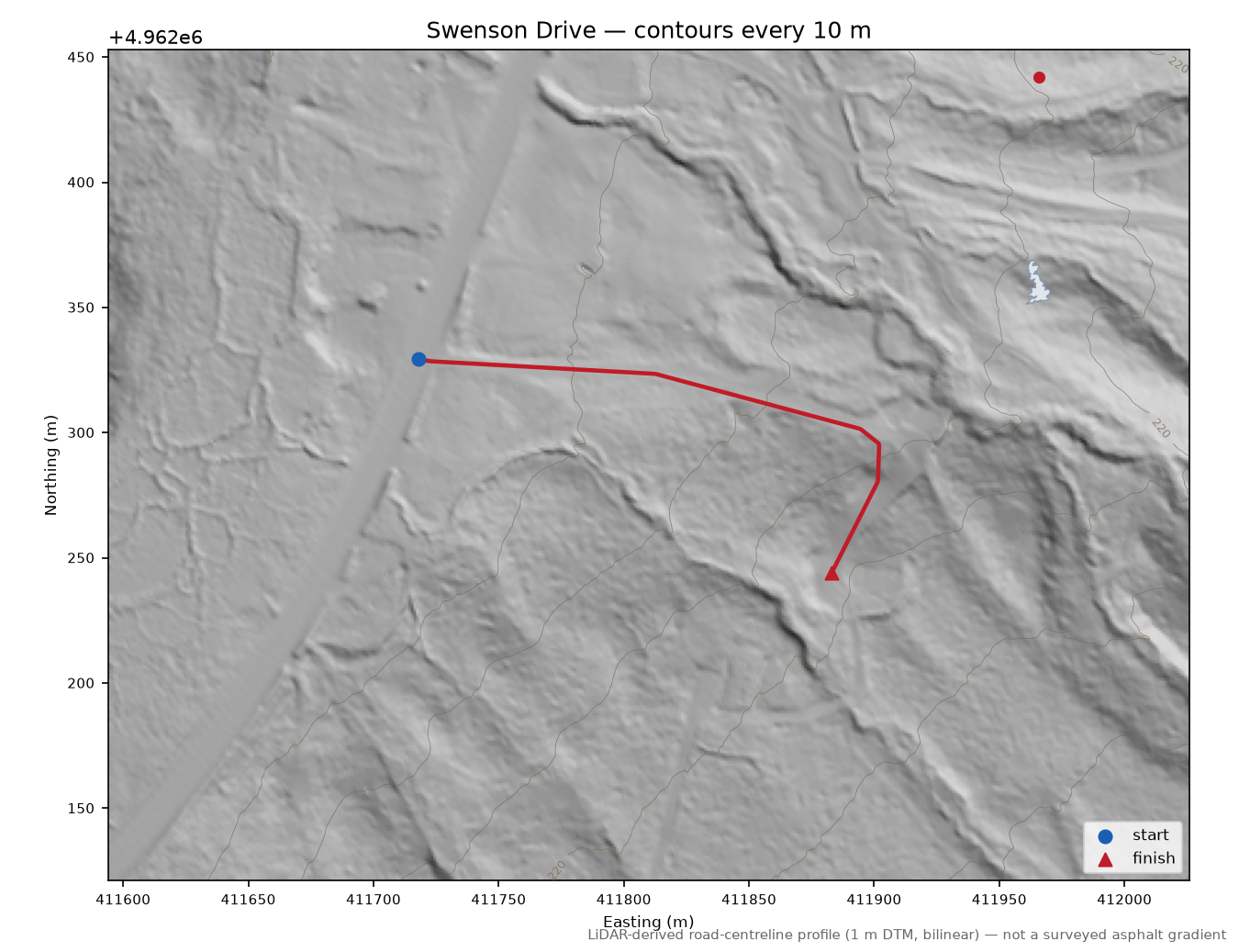 Swenson Drive LiDAR hillshade map with contours