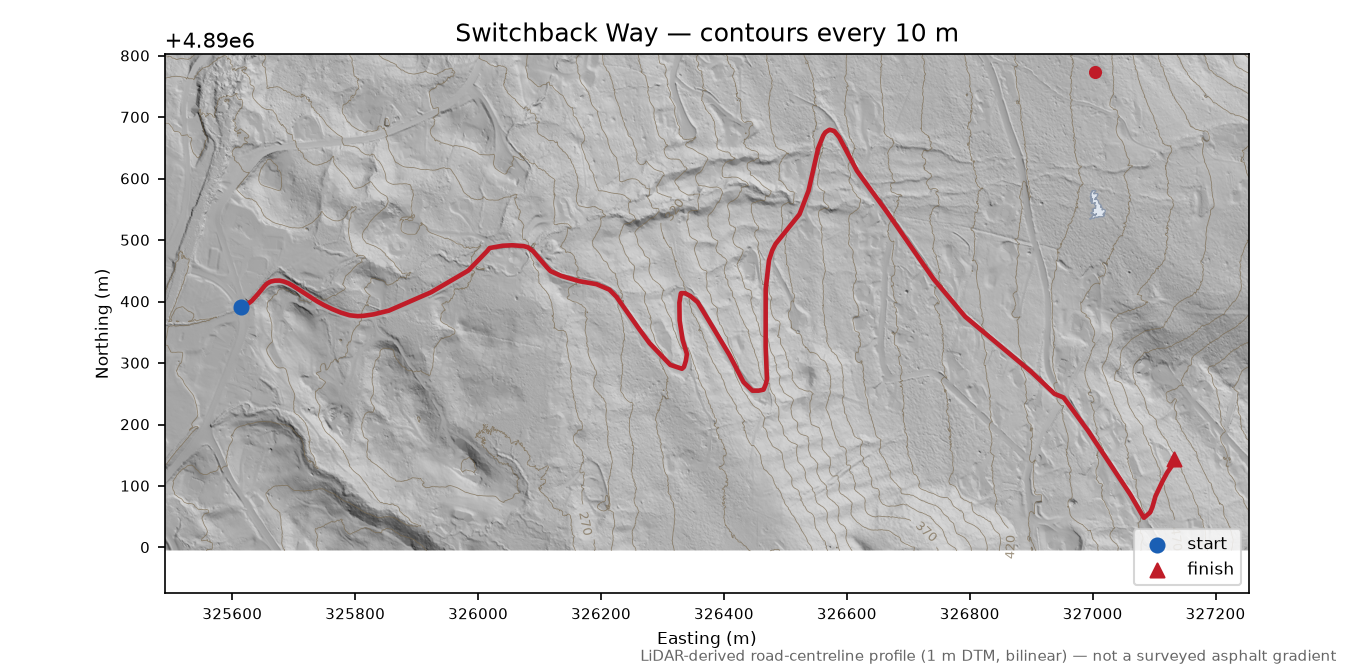 Switchback Way LiDAR hillshade map with contours