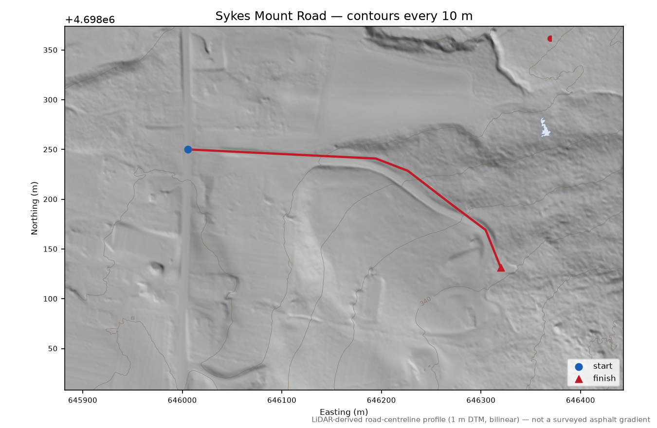 Sykes Mount Road LiDAR hillshade map with contours