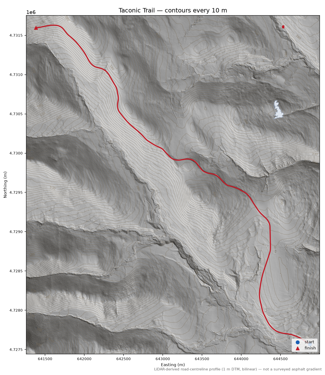 Taconic Trail LiDAR hillshade map with contours