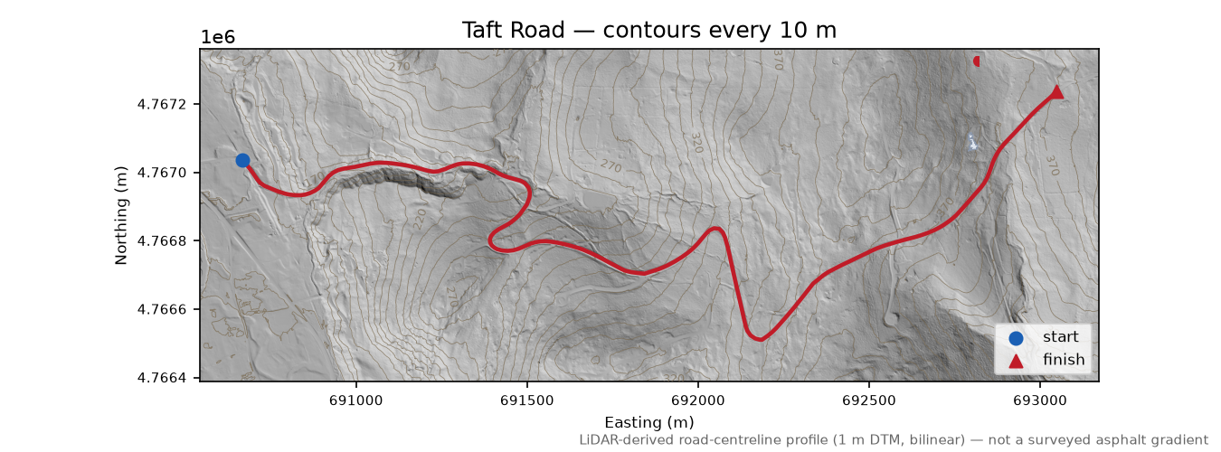 Taft Road LiDAR hillshade map with contours