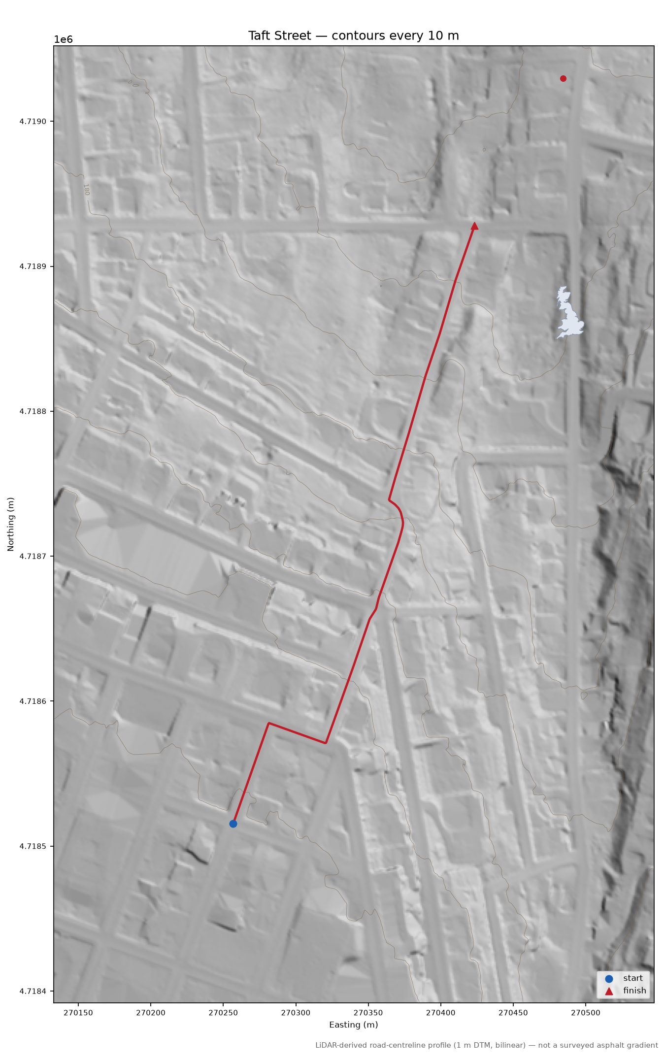 Taft Street LiDAR hillshade map with contours