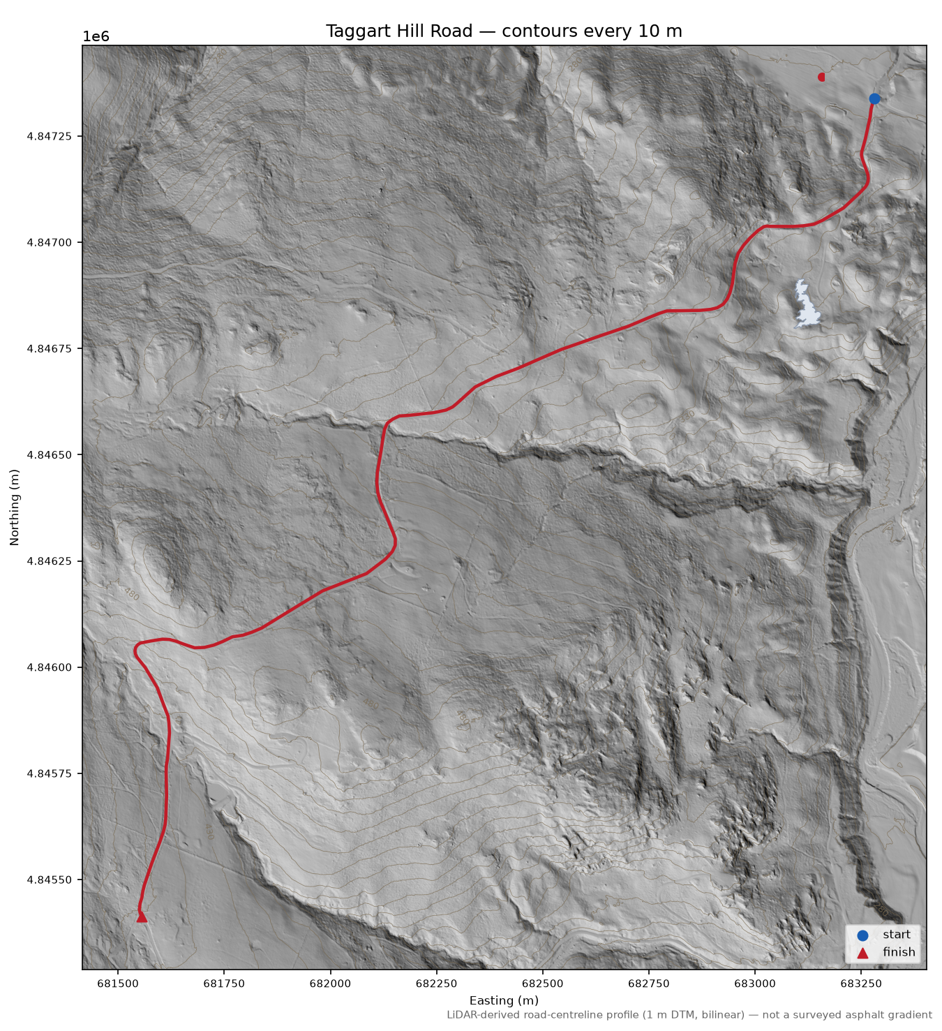 Taggart Hill Road LiDAR hillshade map with contours