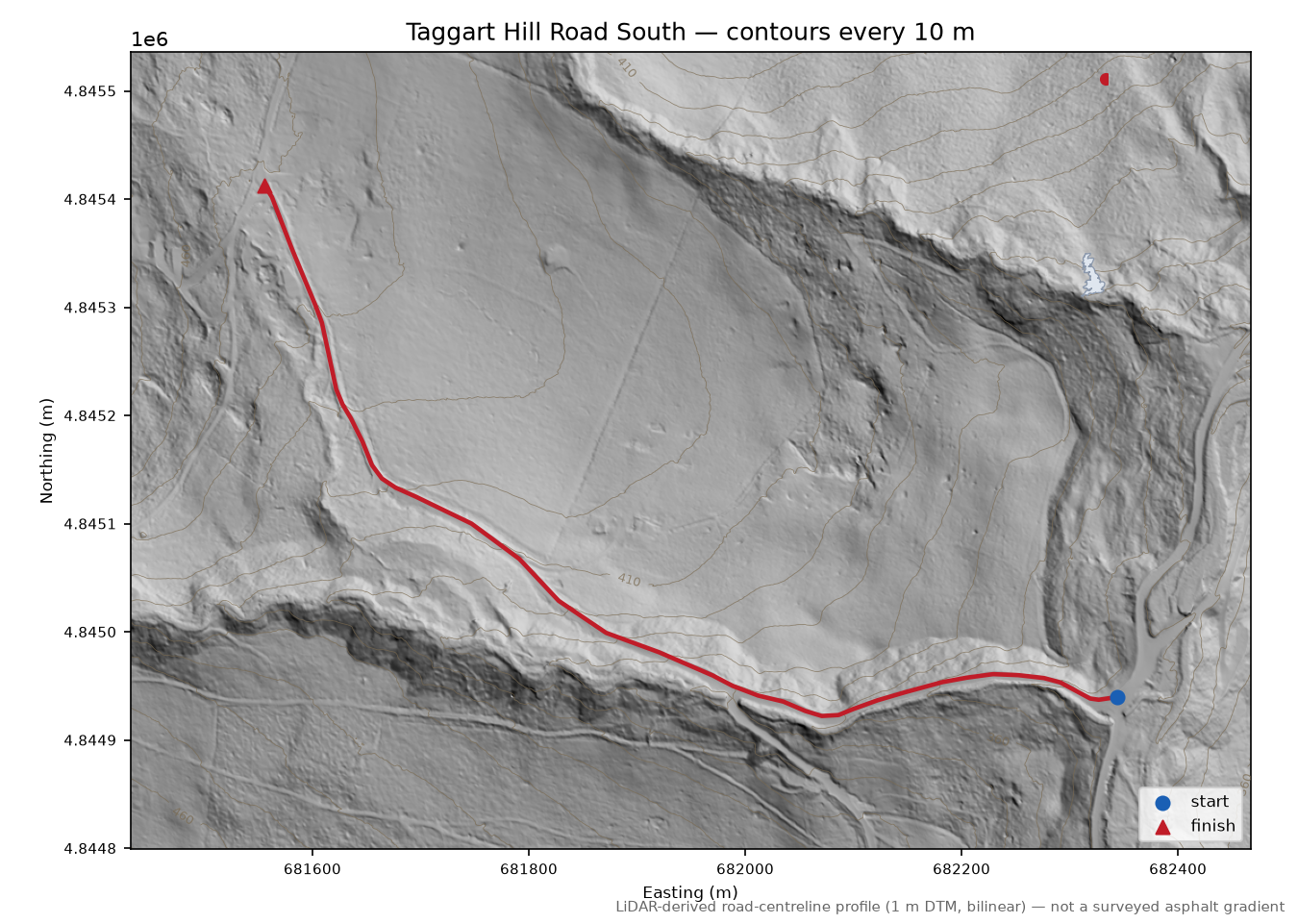 Taggart Hill Road South LiDAR hillshade map with contours