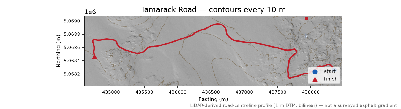 Tamarack Road LiDAR hillshade map with contours
