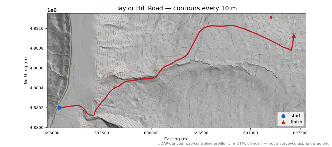Taylor Hill Road LiDAR hillshade map with contours