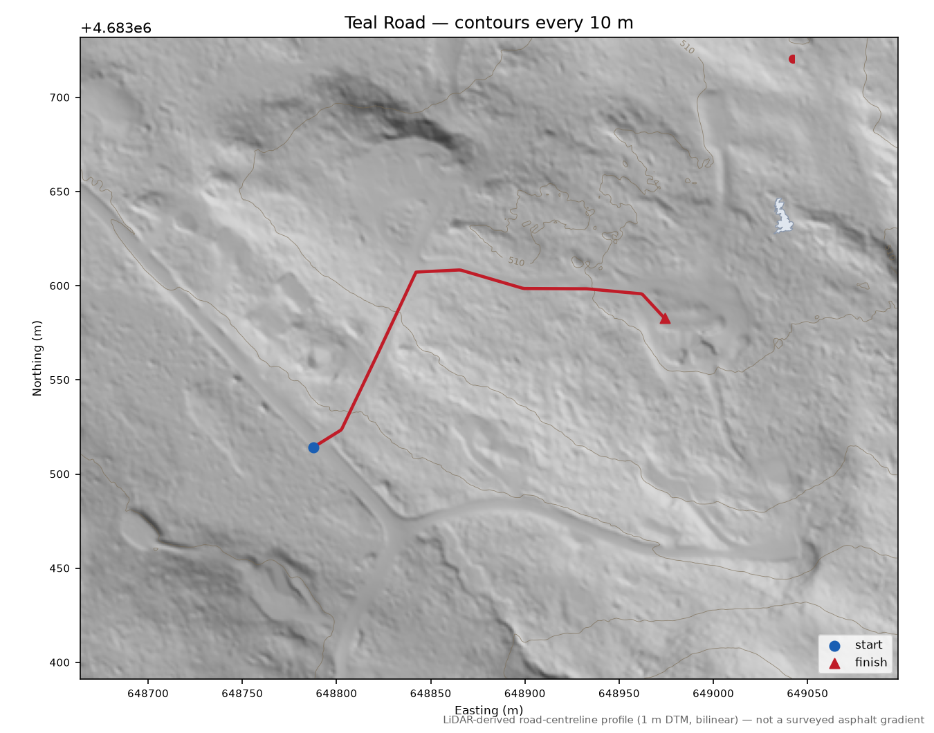 Teal Road LiDAR hillshade map with contours