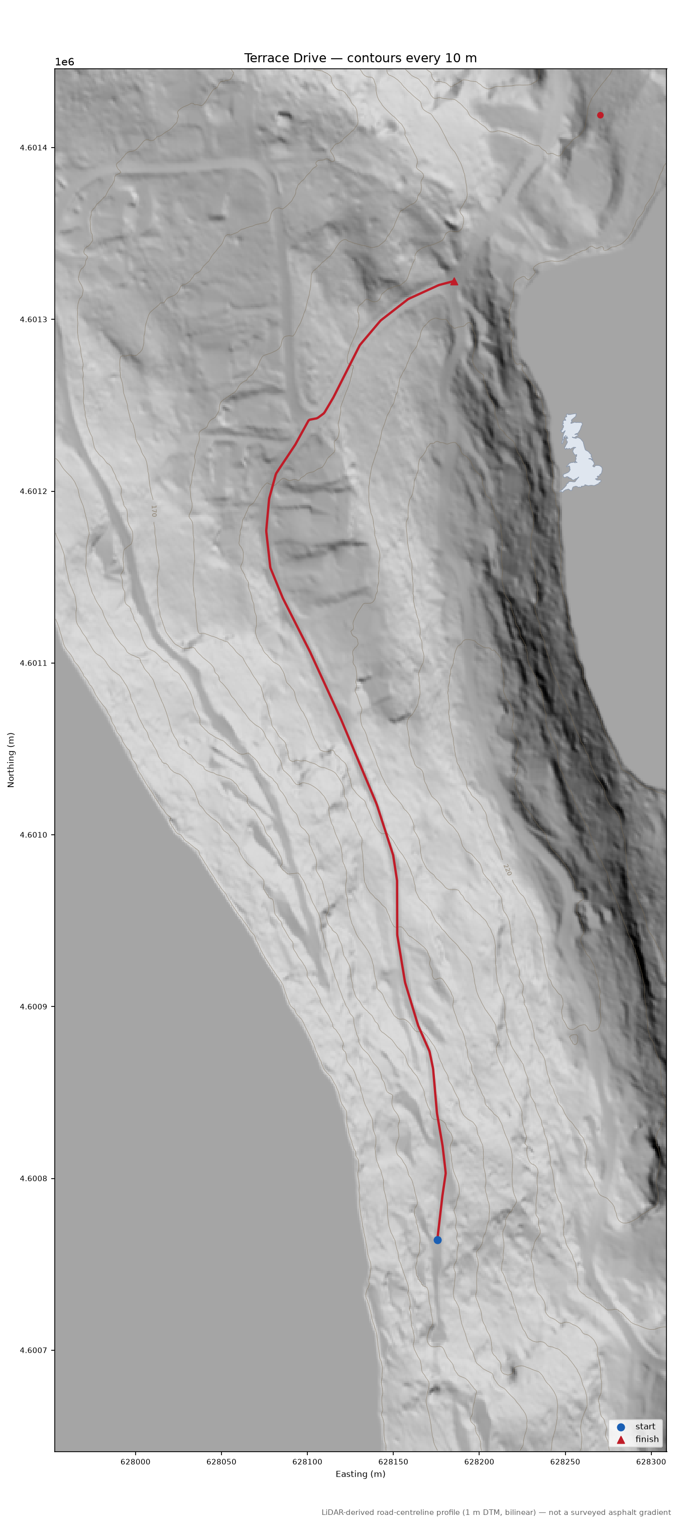 Terrace Drive LiDAR hillshade map with contours