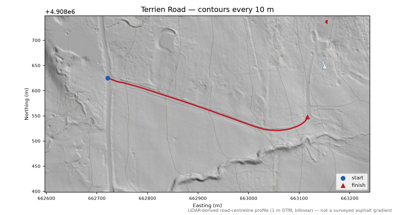 Terrien Road LiDAR hillshade map with contours