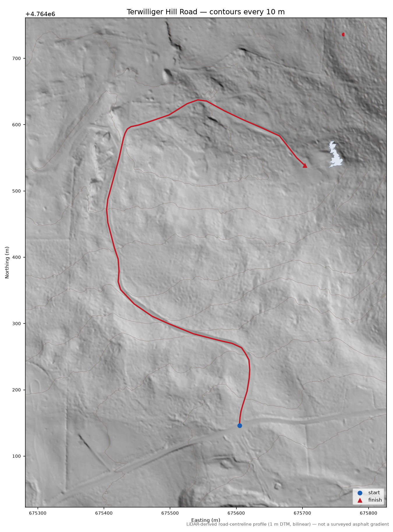 Terwilliger Hill Road LiDAR hillshade map with contours