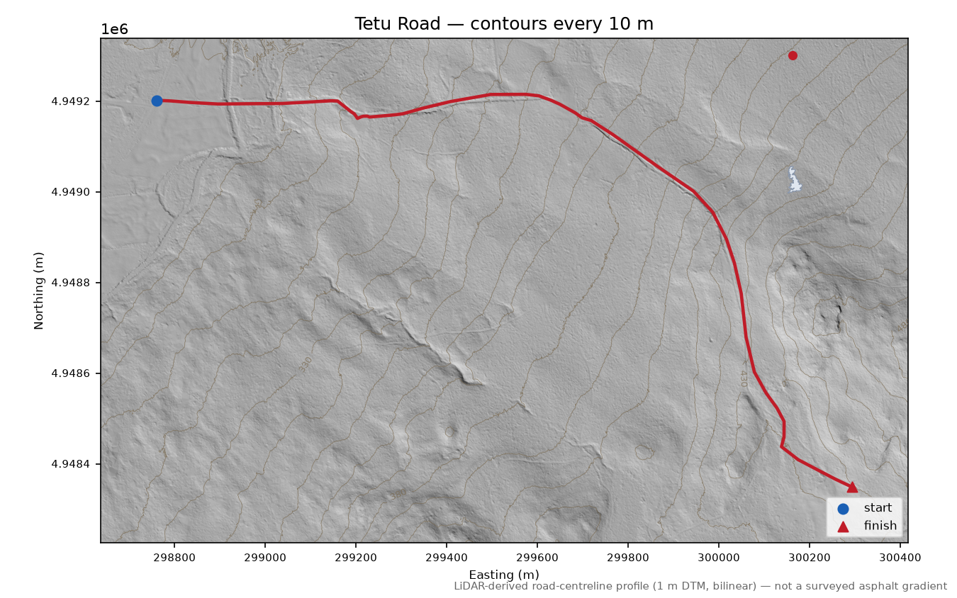 Tetu Road LiDAR hillshade map with contours