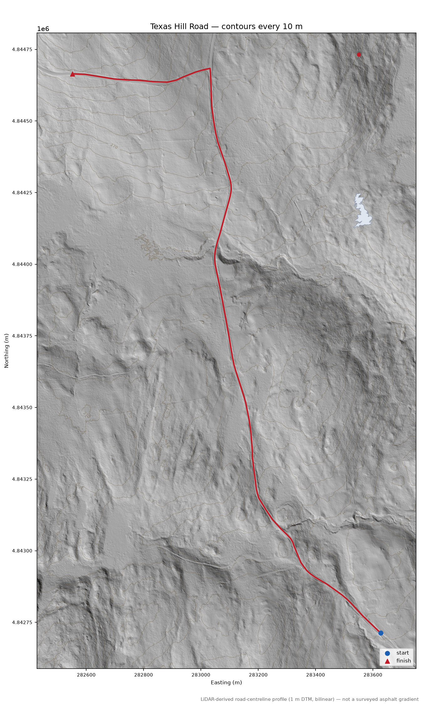 Texas Hill Road LiDAR hillshade map with contours