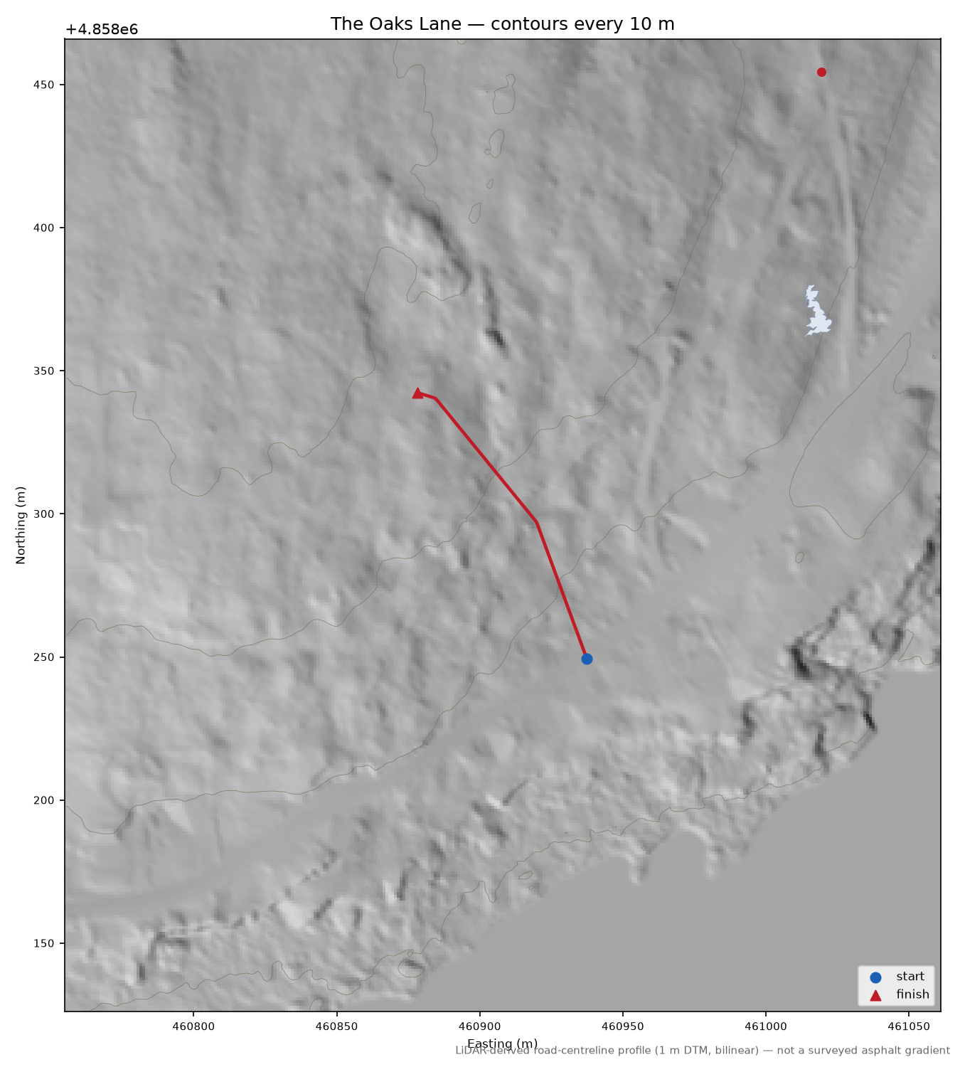 The Oaks Lane LiDAR hillshade map with contours