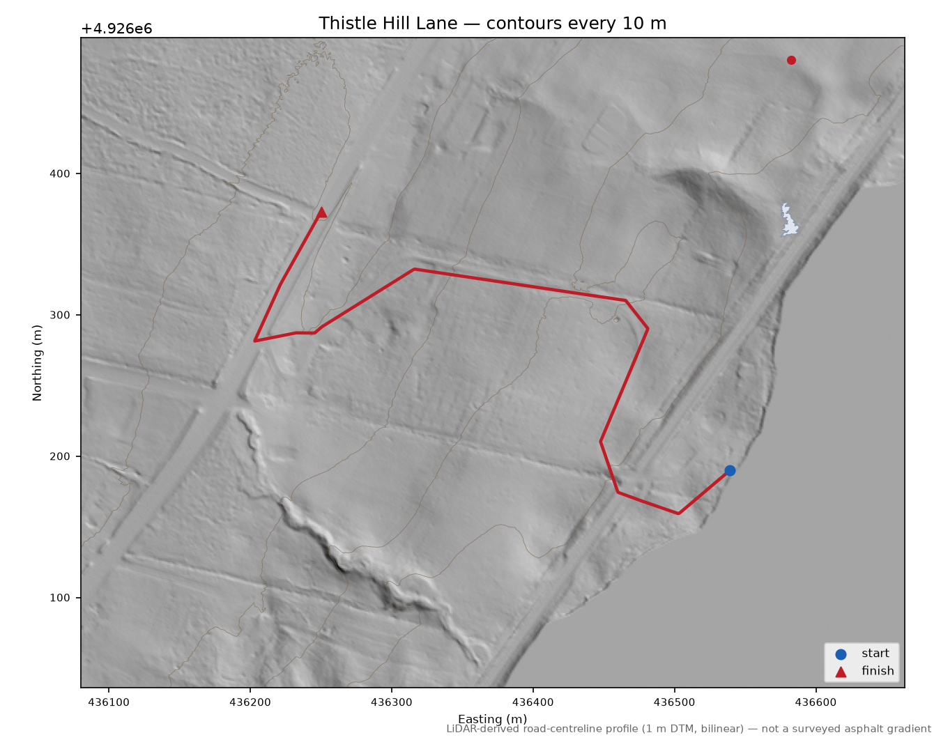 Thistle Hill Lane LiDAR hillshade map with contours