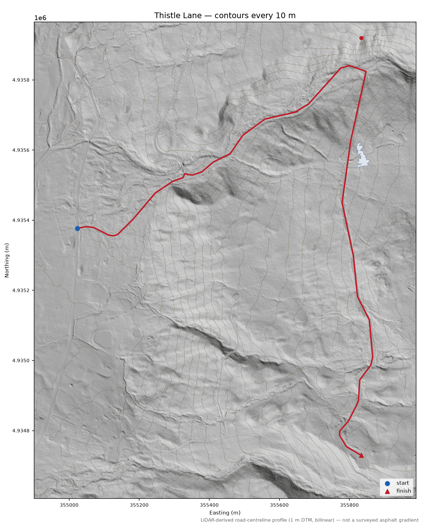 Thistle Lane LiDAR hillshade map with contours