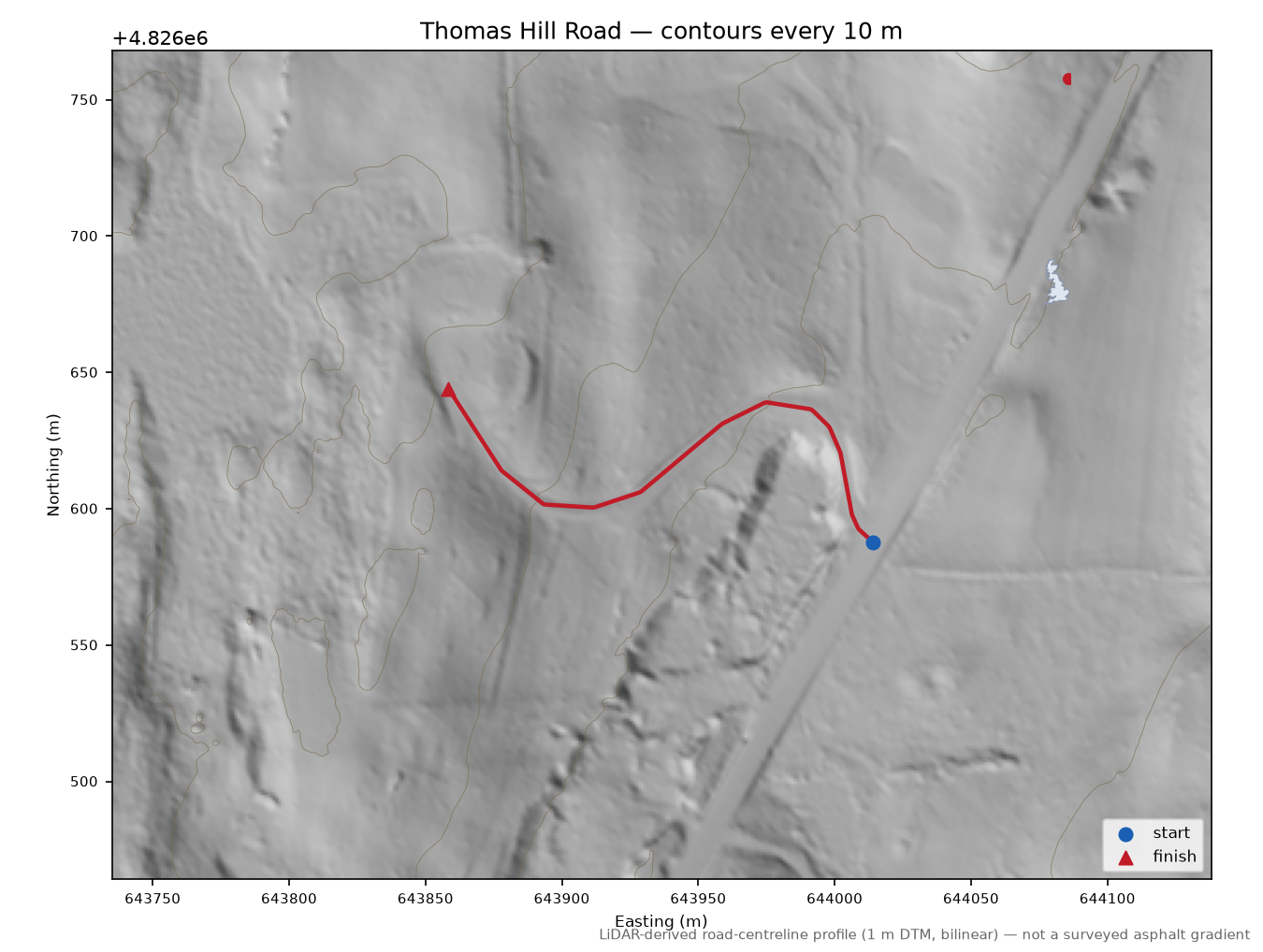 Thomas Hill Road LiDAR hillshade map with contours
