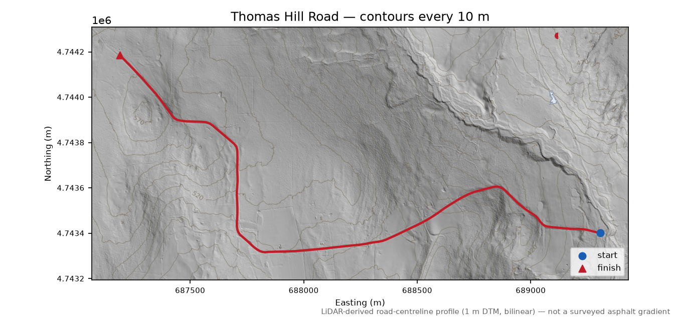 Thomas Hill Road LiDAR hillshade map with contours