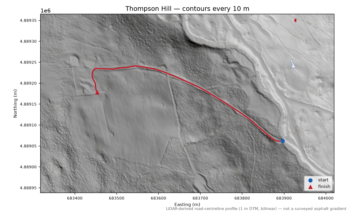 Thompson Hill LiDAR hillshade map with contours