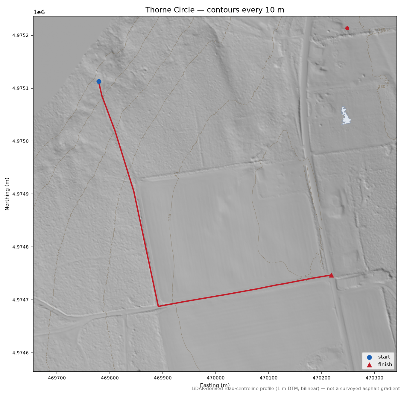 Thorne Circle LiDAR hillshade map with contours