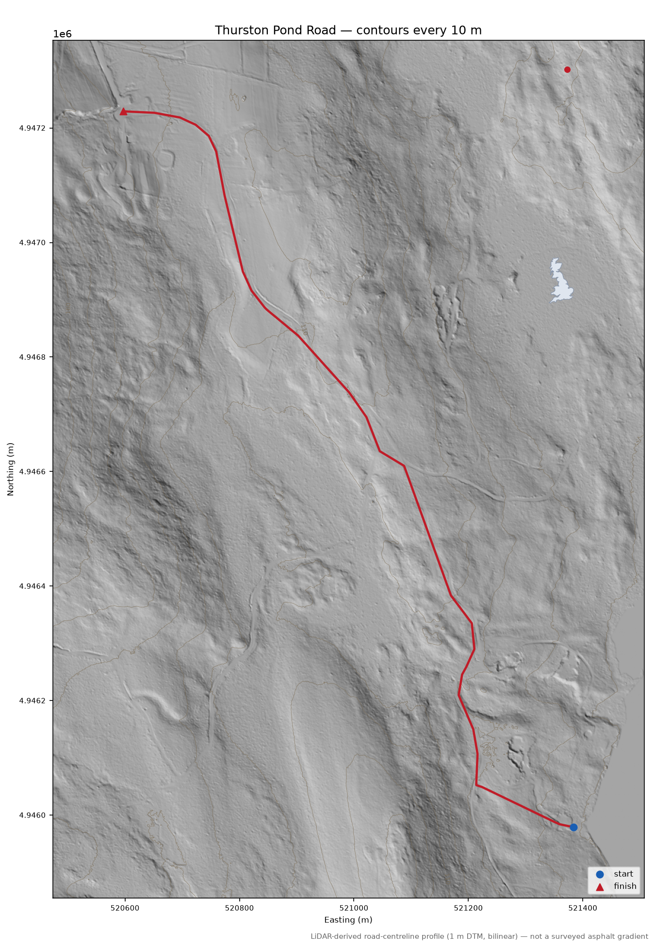 Thurston Pond Road LiDAR hillshade map with contours