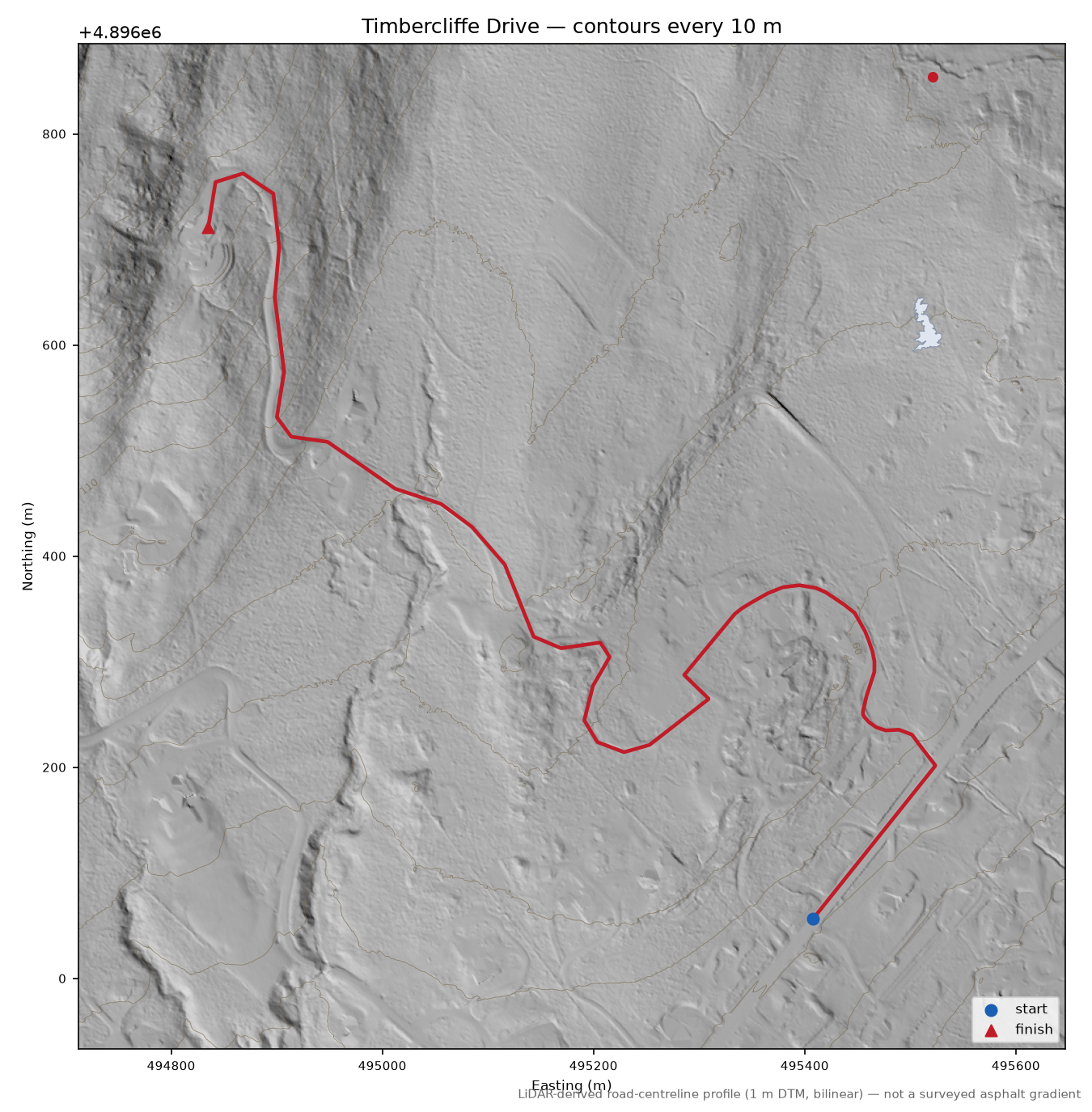 Timbercliffe Drive LiDAR hillshade map with contours
