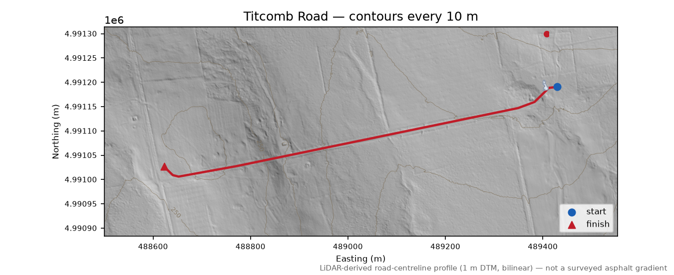 Titcomb Road LiDAR hillshade map with contours