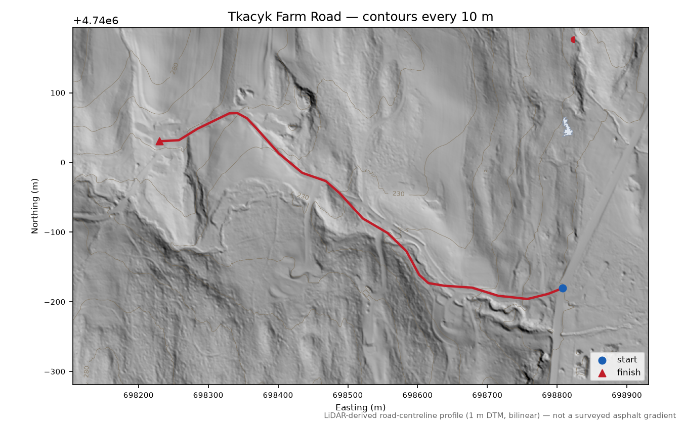Tkacyk Farm Road LiDAR hillshade map with contours