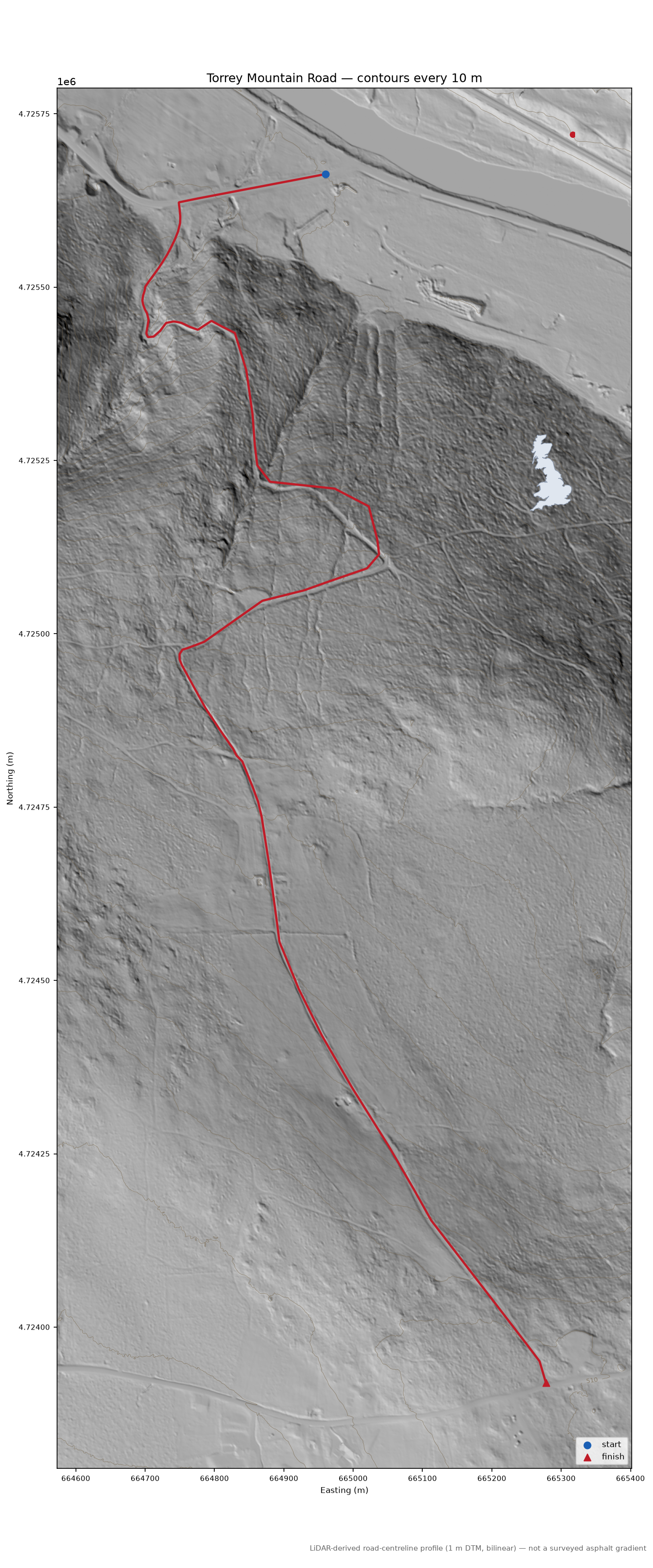 Torrey Mountain Road LiDAR hillshade map with contours