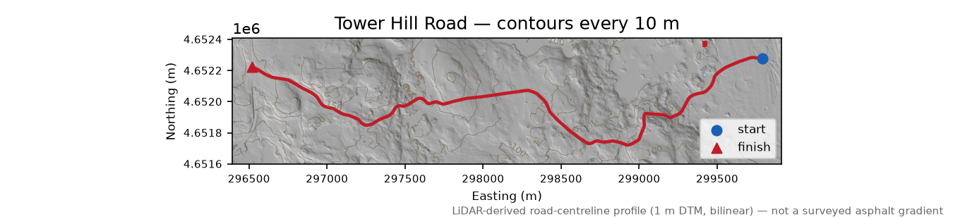 Tower Hill Road LiDAR hillshade map with contours
