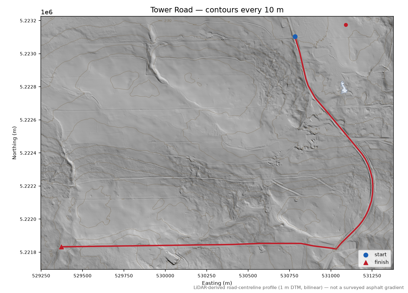 Tower Road LiDAR hillshade map with contours