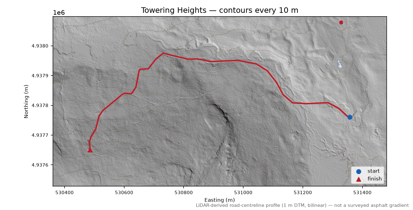 Towering Heights LiDAR hillshade map with contours