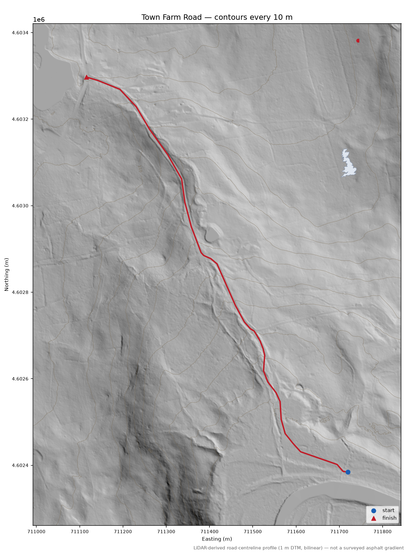 Town Farm Road LiDAR hillshade map with contours