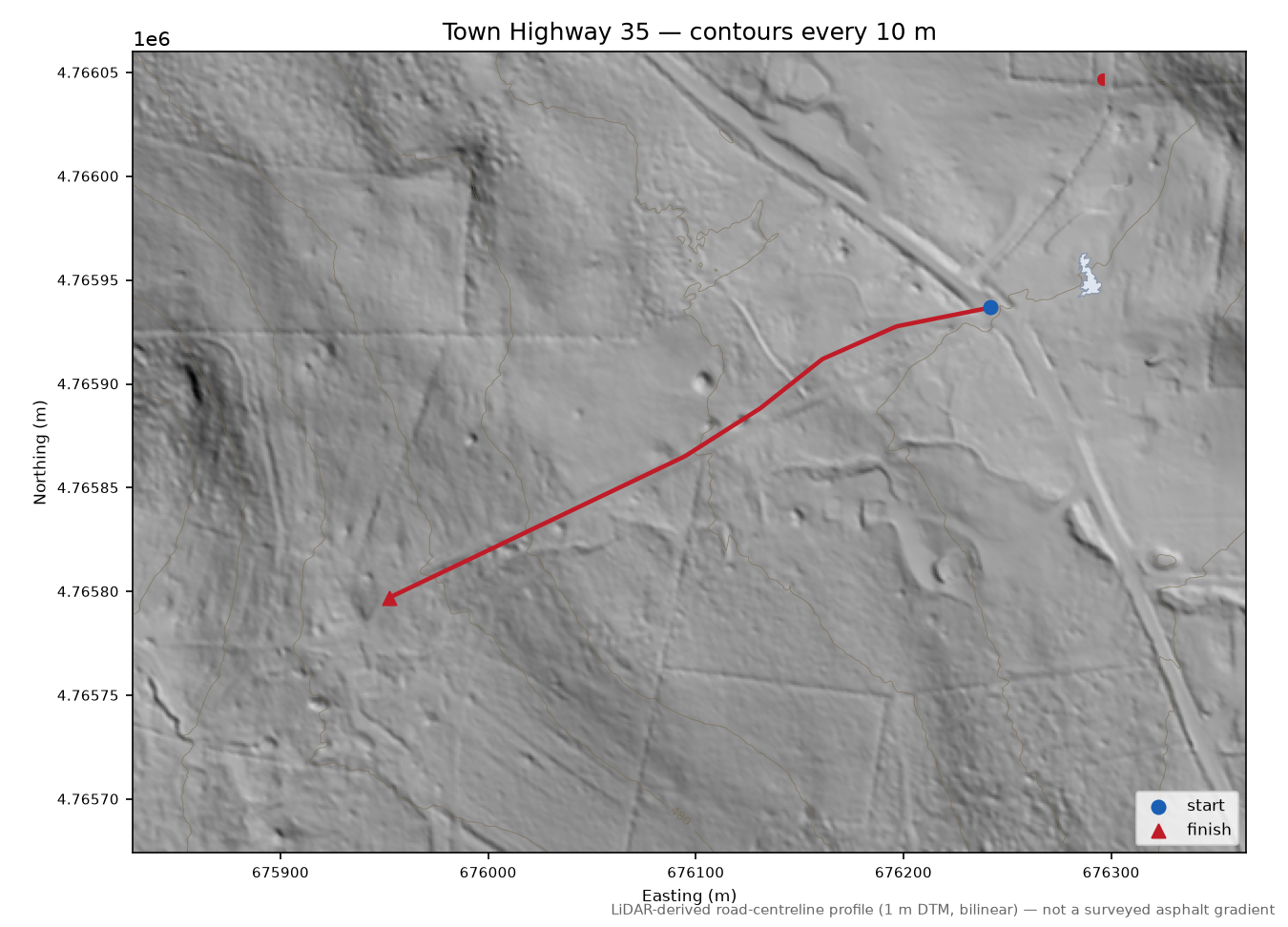 Town Highway 35 LiDAR hillshade map with contours