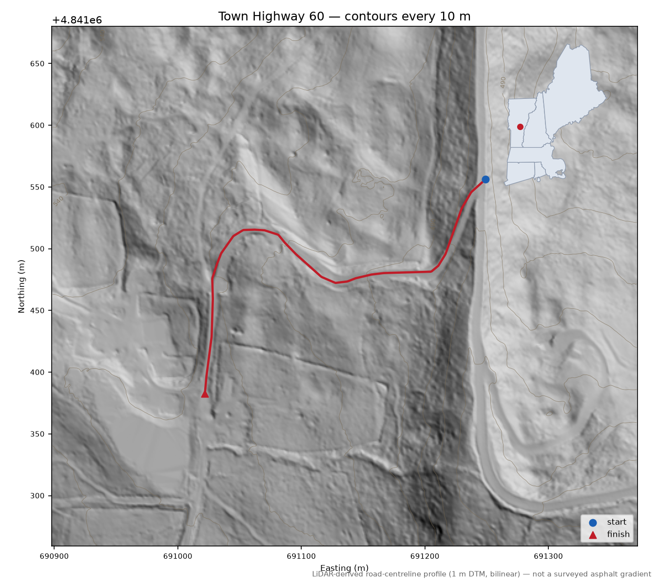 Town Highway 60 LiDAR hillshade map with contours