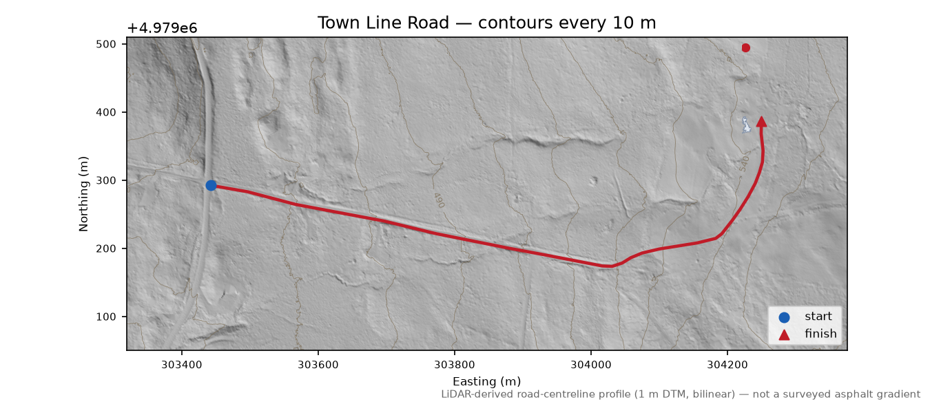 Town Line Road LiDAR hillshade map with contours