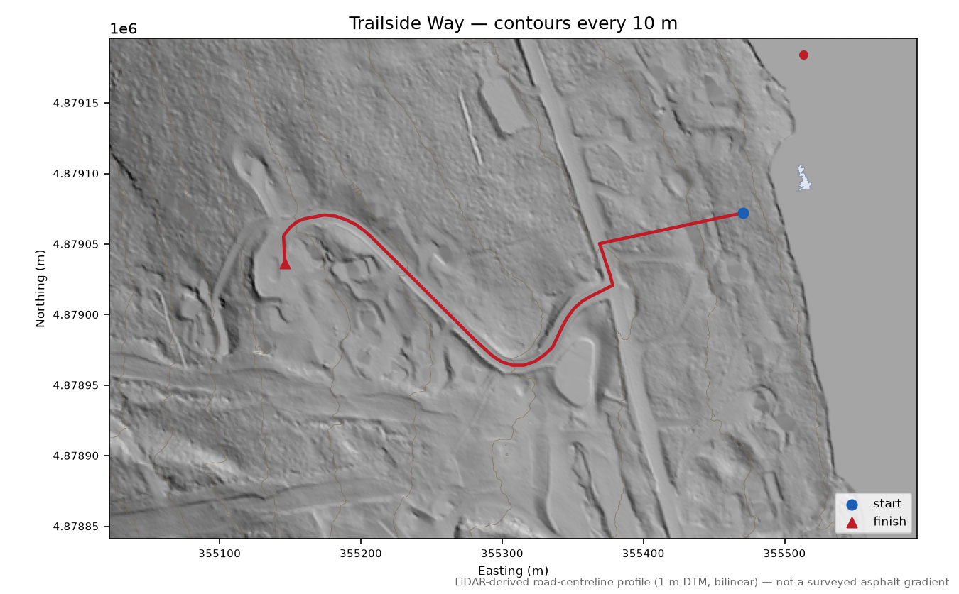 Trailside Way LiDAR hillshade map with contours