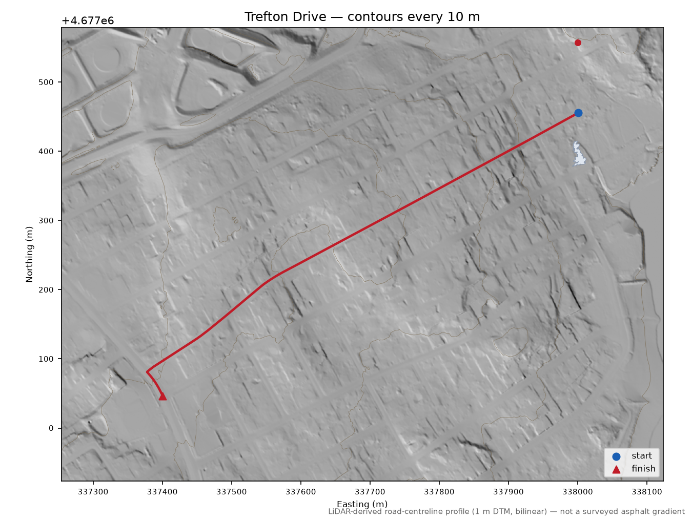 Trefton Drive LiDAR hillshade map with contours