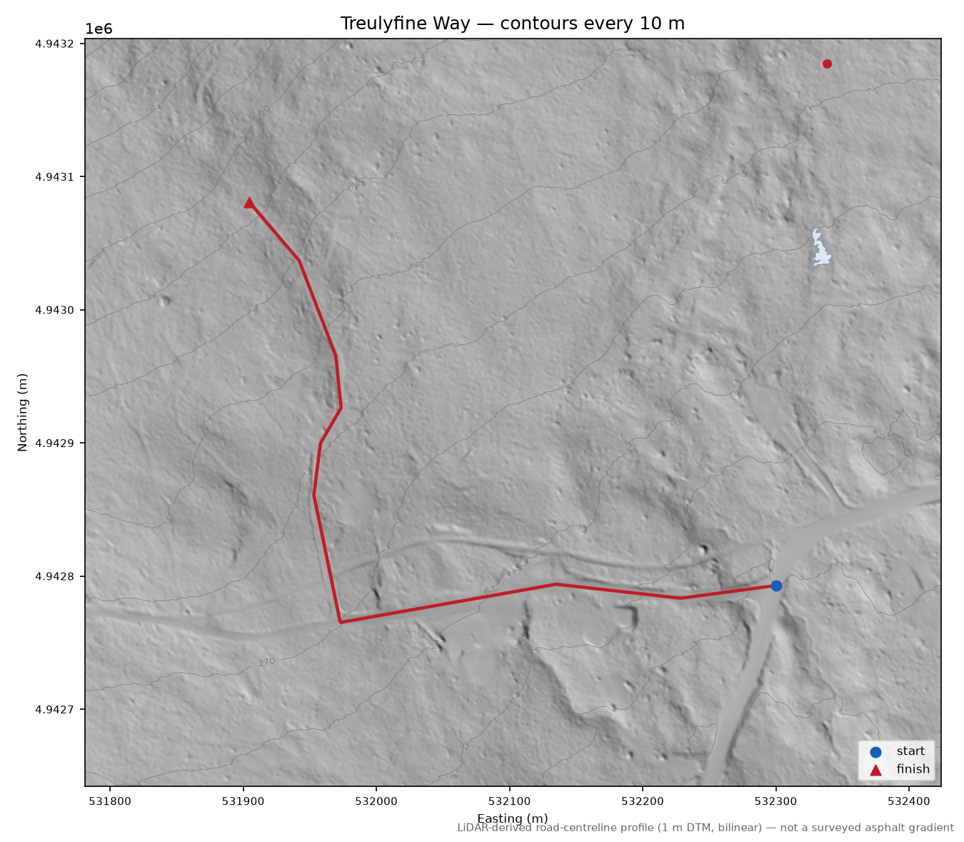 Treulyfine Way LiDAR hillshade map with contours